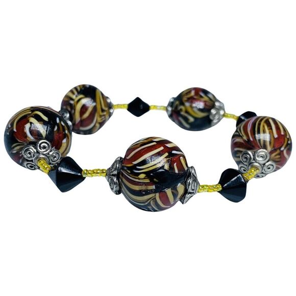 Murano Italy Swirl Multicolor Chunky Glass Bead Bracelet 9" Rare 19mm Trendy - Picture 4 of 10
